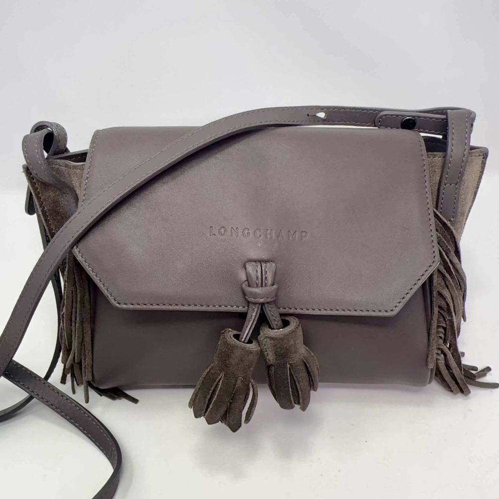 Longchamp Penelope Gray Leather Suede Fringe Tassel Crossbody Bag Boho Western